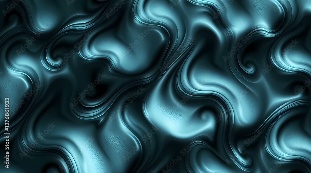 Poster Textured swirls of deep teal fabric create a captivating abstract pattern in soft light. Generative AI
