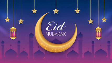 Golden crescent moon with intricate patterns, hanging lanterns, and mosque silhouettes on a vibrant gradient background, celebrating Eid Mubarak.