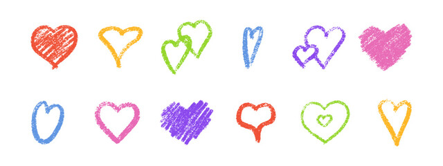 Multicolored crayon heart vector collection with rough chalk texture and scattered grainy strokes. Hand drawn romantic doodles in rainbow shades. Sketchy love symbols for Valentine day greeting card.