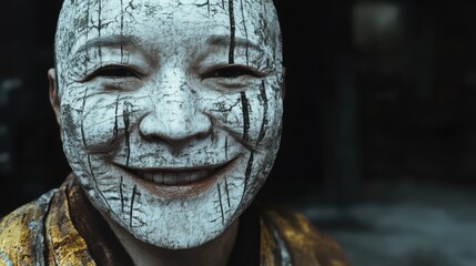 This vibrant portrait showcases a smiling individual behind a distinctive mask, blending joy with artistic expression, and highlighting the beauty of cultural storytelling.