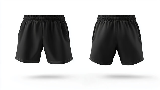 Blank black shorts pant mock up template, front and back and side view, isolated on white background with clipping path.