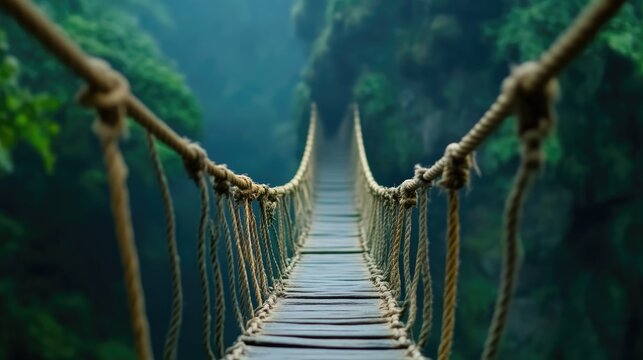 Fototapeta Adventurer walking over a dangerous rope bridge