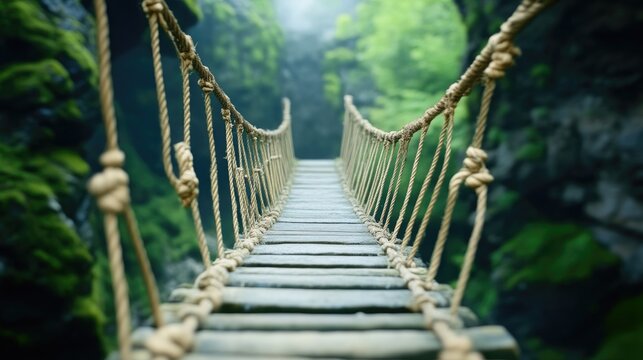 Fototapeta Thrill of crossing a rope bridge in nature