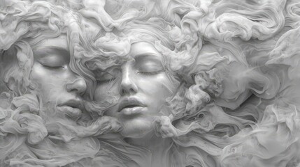 This ethereal image showcases two merged faces amidst swirling smoke, representing unity, connection, and the mystical bond shared between human beings in their essence.