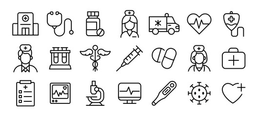 Medical and hospital health care editable stroke outline icons set isolated on white background flat vector illustration. Pixel perfect.