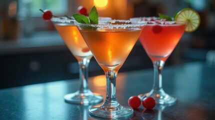 Three Refreshing Martinis with Contrasting Colors and Garnishes