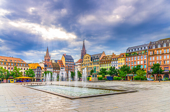 Place Kleber square in old town Strasbourg city historic centre with old houses colorful medieval buildings, fountain and Statue of Jean-Baptiste Kleber in Centre, Alsace Grand Est region, France