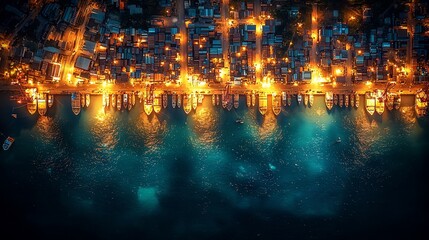 Obraz premium Aerial view of a vibrant harbor at night, showcasing illuminated boats and bustling waterfront