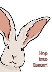 Hop into Easter bunny rabbit on a white background. greeting card. Hand drawn illustration. Isolate, design for party,celebration,decor, invitation