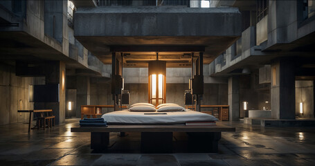 Brutalist interior, open space room with king bed, tv and table with chairs. Contemporary living space.