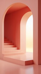 Arch and stairs in trendy minimal interior. 3d render illustration in modern geometric style. Coral pastel colors background for banners for product presentation