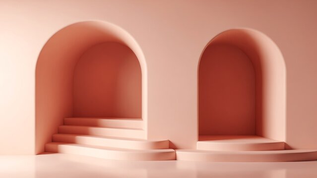 Arch and stairs in trendy minimal interior. 3d render illustration in modern geometric style. Coral pastel colors background for banners for product presentation