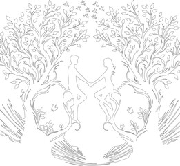 silhouette of a couple in the forest holding hands