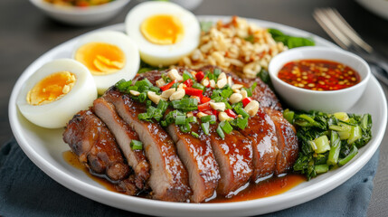 Savor delicious glazed pork belly with boiled eggs, greens, and rice. Discover mouthwatering Asian cuisine and flavorful sauces.