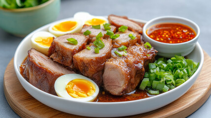 Delicious pork belly with soy glaze, served with boiled eggs and spring onions. Perfect for an authentic Asian dining experience.