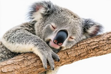 Obraz premium Sleepy koala clinging to an invisible branch isolated on white background.