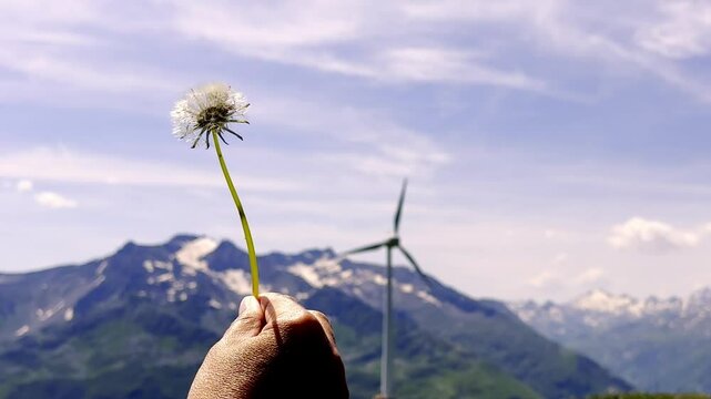 Woman Hand Holding a Dandelion Against a Wind Turbine with Beautiful Mountain Scape with Snow in a Sunny Summer Day with Blue Sky and Clouds in 2363 Meter, G&uuml;tsch, Andermatt, Uri, Switzerland.