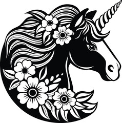 unicorn head is on a cloud with beautiful flowers