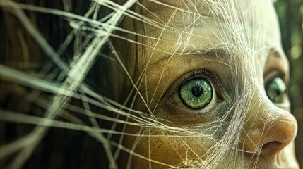A haunting image of a child's eye partially obscured by delicate spiderwebs, symbolizing innocence intertwined with mystery, vulnerability, and connection to nature.