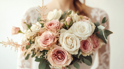 Obraz premium Beautiful bouquet of pink and white roses held by a bride in a delicate lace dress during a wedding ceremony