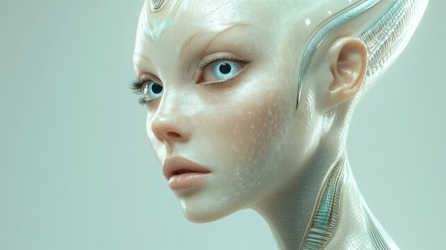 This striking image features a futuristic alien humanoid with an intricate design, signifying advanced technology and the potential of interstellar life forms in art.