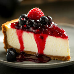 Creamy cheesecake topped with mixed berries on a dark plate. Generative AI
