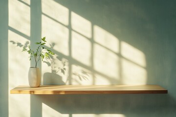 Light and shadow play on a shelf with a vase and plant in a calm indoor setting