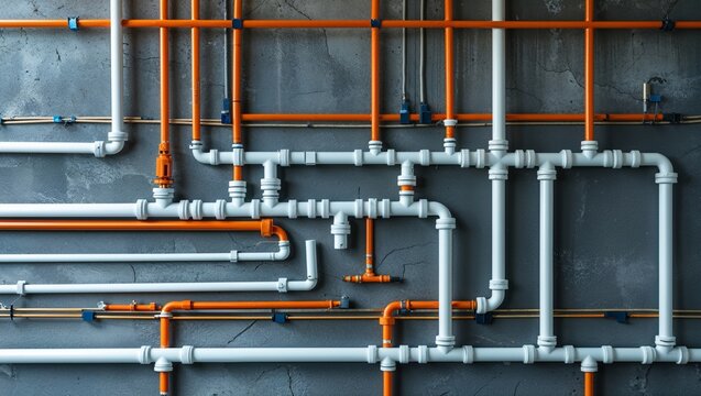 Orange white plastic pipe system network installation on gray wall construction