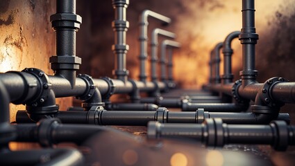 Fototapeta premium Close up perspective of black metal pipes and fittings running horizontally industrial scene