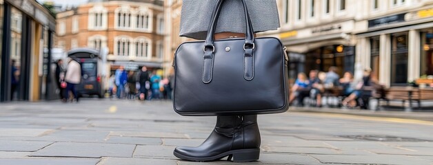 Obraz premium A woman strolls down a city street wearing black leather ankle boots and a gray dress, carrying a dark blue quilted bag