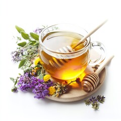 Aromatic Herbal Infusion: A Delicate Composition of Clear Glass Teacup Filled with Herbal Tea, Garnished with Fresh Thyme, Lavender, Sage, and Honey Dipper on a White Background - A Tranquil and Natur