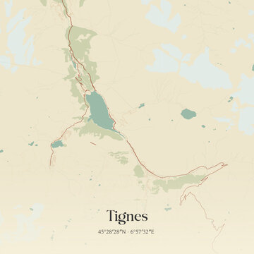 Vintage map of Tignes, France.
