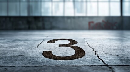 Number Three Etched in Concrete - A close-up view of a textured cement floor with the number three deeply carved into its surface. Concepts: Number, texture, surface, concrete, marking