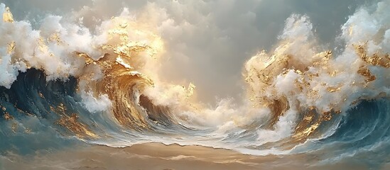 Golden Waves, Dramatic Seascape, Abstract Art, Background Clouds