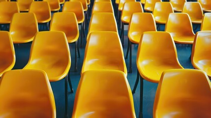 Yellow plastic chairs with metal legs, arranged in rows, demonstrate the repeatability and simplicity of the design.
