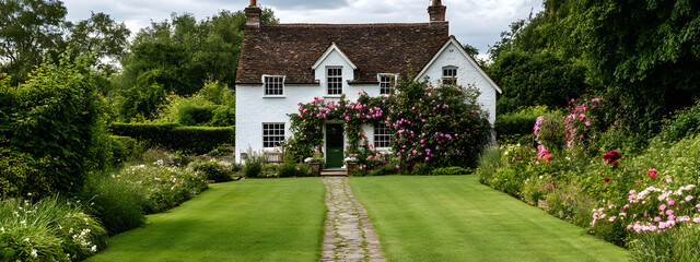A white brick house with climbing roses, in front of the river

