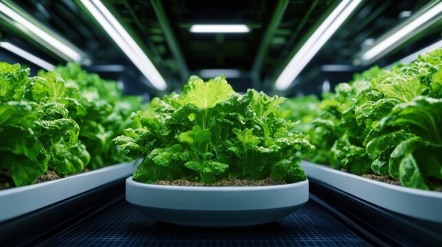 Discover the future of sustainable farming with this captivating image showcasing a solar-powered aquaponics farm, where fish tanks and vibrant, fresh organic vegetables grow together in perfect