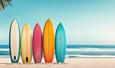 Colorful surfboards lined up on a tropical beach under a clear sky with ocean waves in the background
