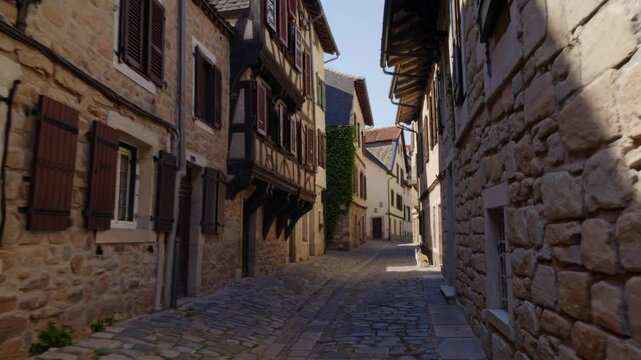 Slow Motion Small Street Between Old Houses in a Medieval Village &ndash; Narrow Cobblestone Pathway, Historic European Architecture, Charming Rustic Atmosphere, Ancient Stone Walls, Tranquil Timeless 