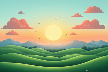 Obraz premium Nature landscape with green field. Spring fields on sunrise, rural farm scenery with sun grass trees and mountains. Summer countryside view. Cartoon minimal illustration