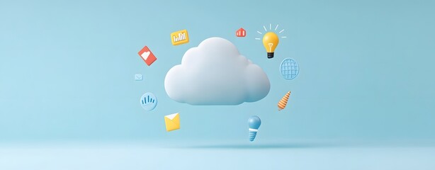 Cloud with various icons floating out in soft pastel colors and a dreamy background