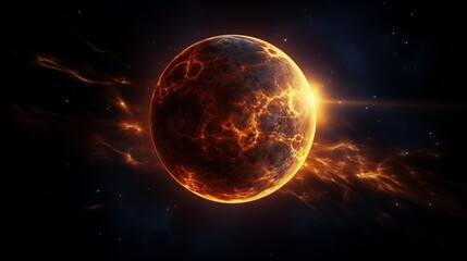 Obraz premium Solar Planet In Space 3D Render Isolated On Black Background, a high-definition 3D render of a luminous solar planet, floating in space with intricate surface textures and cosmic lighting effects.