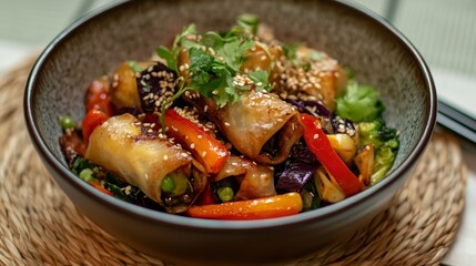 Delicious Spring Rolls with Stir-fried Vegetables - A flavorful bowl of spring rolls and stir-fried vegetables, garnished with sesame seeds and fresh herbs. A healthy and delicious meal