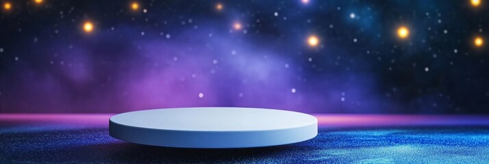 3D Empty Podium in Cosmic Space - A futuristic 3D of an empty podium floating in a vibrant space scene, symbolizing presentation, opportunity, innovation, achievement, and future