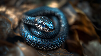 Obraz premium Unique blue snake resting on brown leaves in a forest setting during daylight