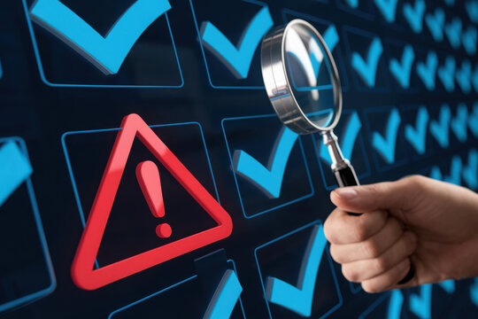 System engineer identifying problem in computer network system. Red triangle with exclamation mark and many other checkmark icons. Hand holding magnifying glass.