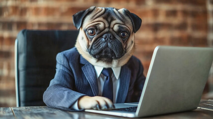 Adorable pug in business suit typing on laptop in stylish office setting with humorous flair