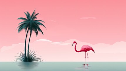 A lone pink flamingo stands in shallow water against a dreamy pastel sky with a dark silhouette of a palm tree