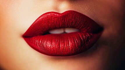 Obraz premium Glamorous close-up of bold lips with red and burgundy lipstick in warm lighting