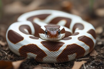 Obraz premium Colorful Orange and White Snake Resting on the Ground in a Natural Habitat